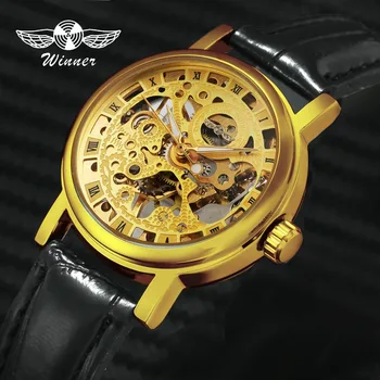 

WINNER Women Couple Luxury Mechanical Wrist Watch Leather Strap Retro Style Roman Number Skeleton Movement