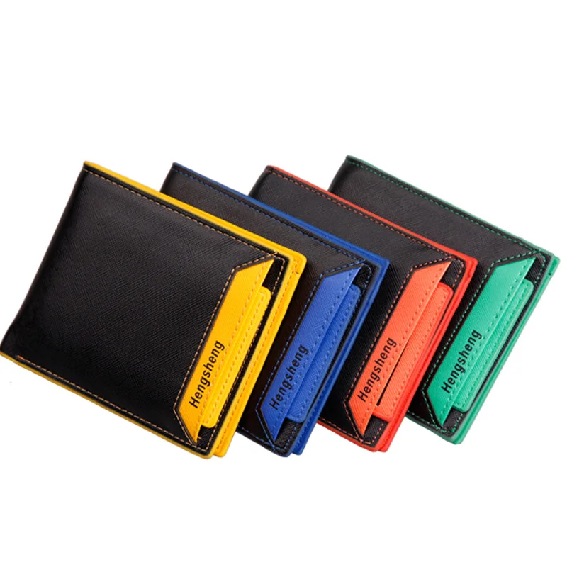 

Korean Style Men Wallets Short Design PU Leather Change Purse Hit Color Slim Creative Carteira Male Driver License Card Bag