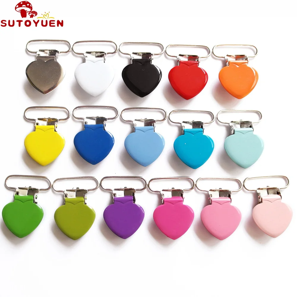 

Multi Colors 16pcs 25MM Metal Heart Pacifier Clips Suspender Clips Soother Holder For Baby Pacifier Chain Free Shipping