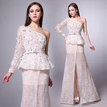 Lange Hülse der Schulter Schößchen Spitze Abendkleid Champ Haute Couture Höhe Aufgeschlitzte Lange Abschlussball-formale Kleid vestido de renda