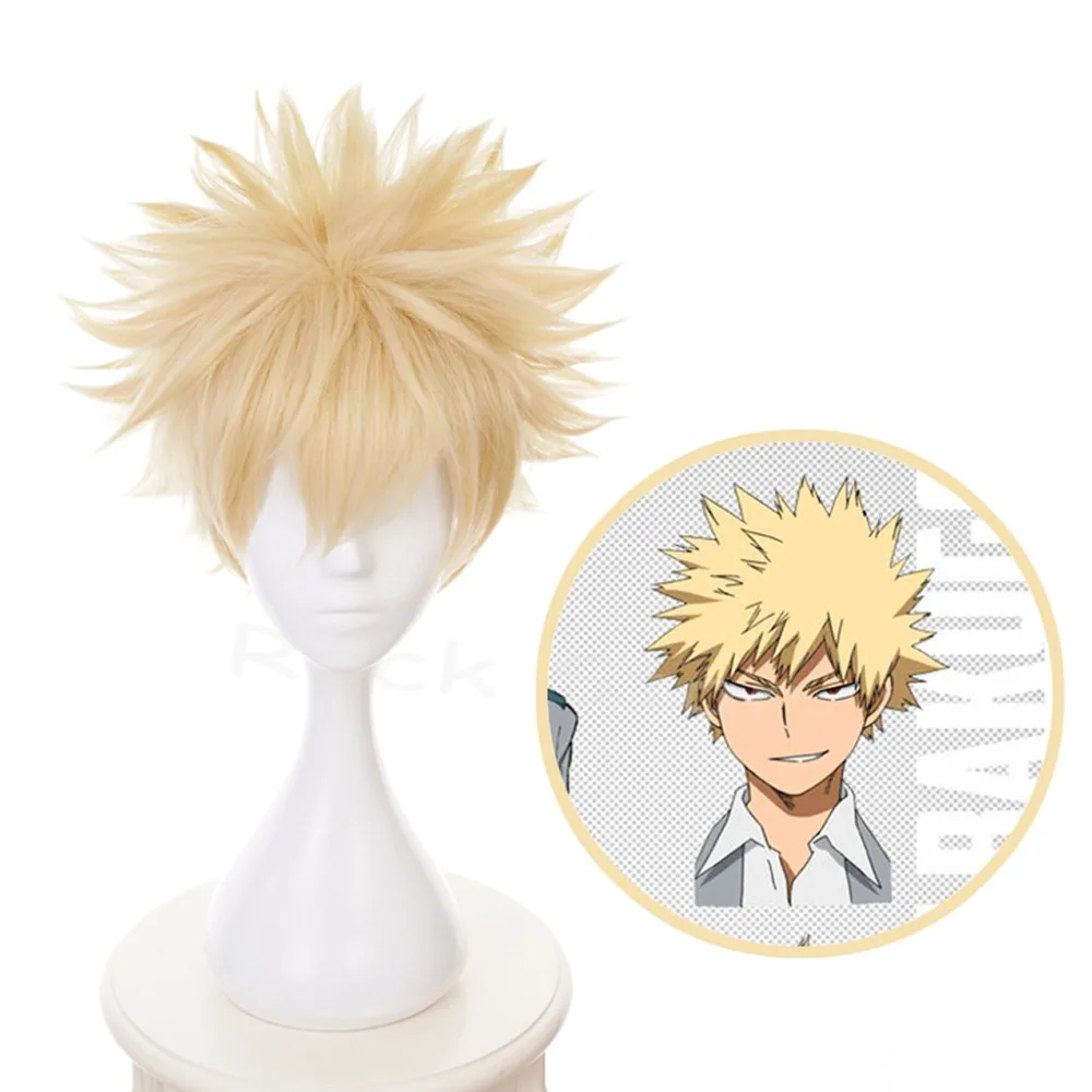 

Anilnc Short Yellow Curly My Hero Academic bakugou katsuki Synthetic Cosplay Hair Wig for Men