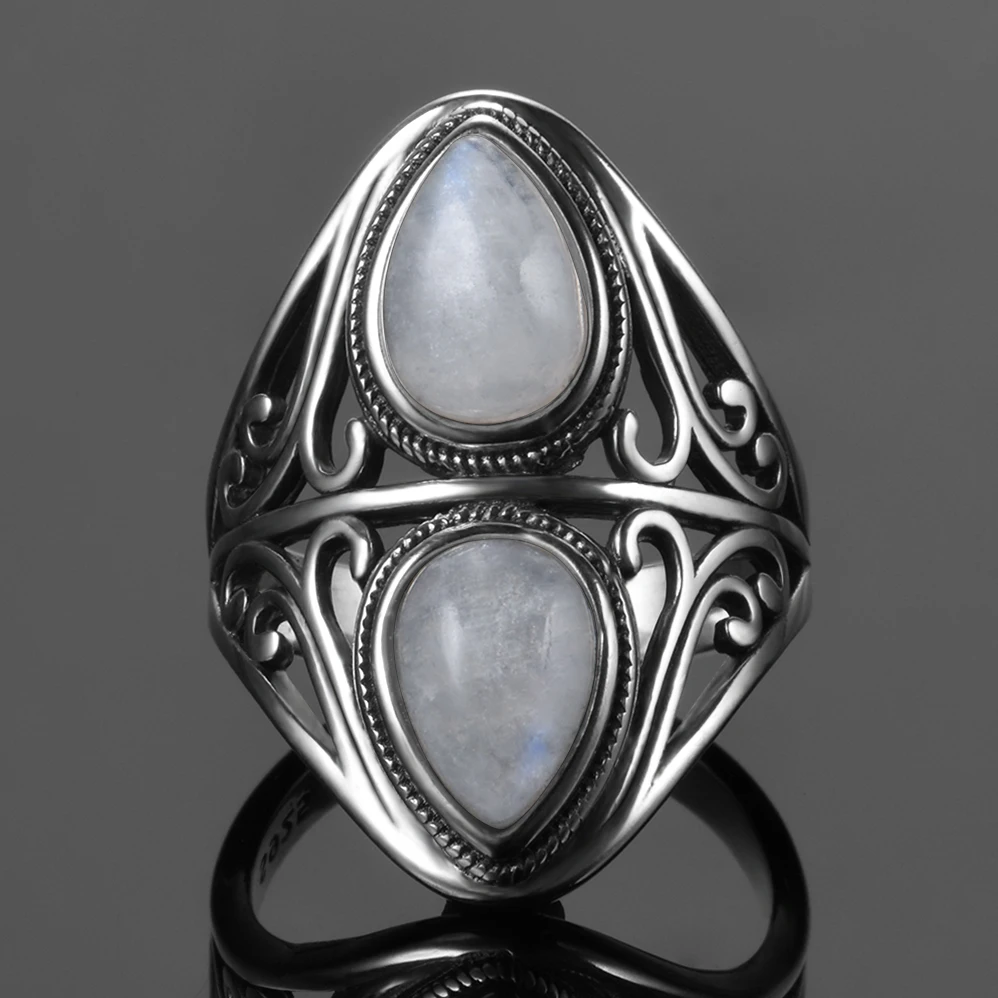 Оригинальный дизайн Винтаж натуральный Радужный Лунный Камень Кольцо Настоящее серебро 925 проба кольца для мужчин и женщин женские