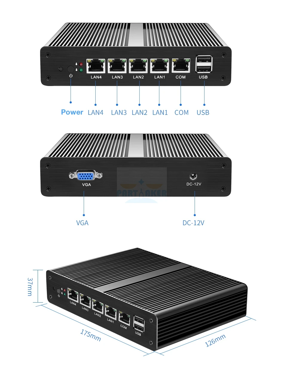 Partaker I5 4 ядра J1900 Промышленный маршрутизатор 4 LAN, мини-ПК сервер маршрутизатора с черным корпусом VGA Дисплей Порты и разъёмы