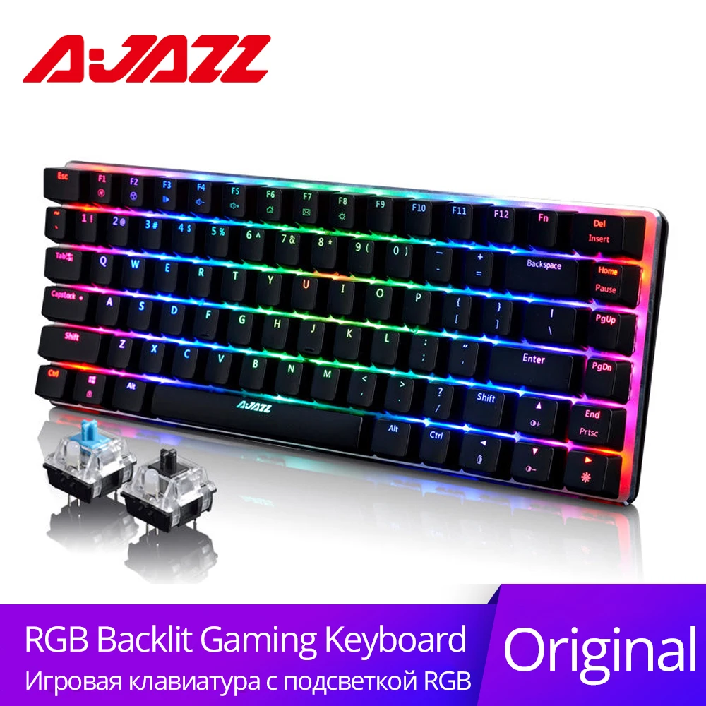 Продажа Ajazz AK33 82 ключи русский игровая клавиатура Проводная Механическая клавиатура синий черный переключатель RGB подсветкой бесконфликтного одно...