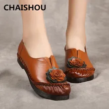 CHAISHOU zapatos de cuero de Otoño de la vendimia de las mujeres de boca profunda cómodo grande flor suave zapatillas de talla grande zapatos de las mujeres B-42