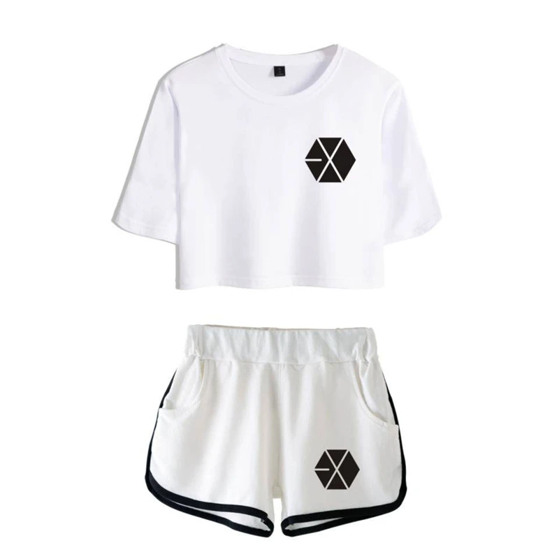 EXO Kpop Bangtan Boys короткий топ Женская футболка летние шорты и женская модная