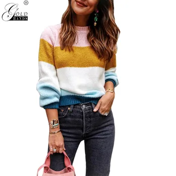 

gold hands women streetwear long sleeves striped patchwork loose sweater o-neck knitted pullover sweater free shipping