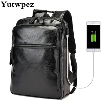 

Men Business Casual Backpacks for School USB Travel Bag Black PU Leather Men's Fashion Shoulder Bags Vintage Boys Men Backpack