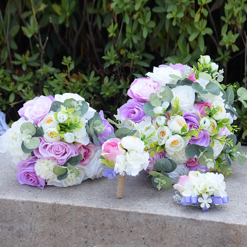 JaneVini светло-фиолетовые Свадебные букеты для невесты Ramo Novia искусственные розы свадьбы ручная кружевная брошь