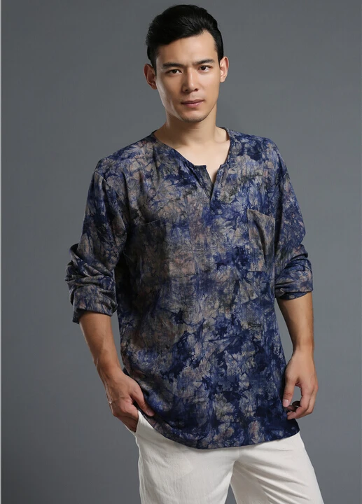 Осенняя мужская рубашка в китайском народном стиле из окрашенного хлопка и льна, свободные мужские рубашки большого размера, пуловер, мужская рубашка