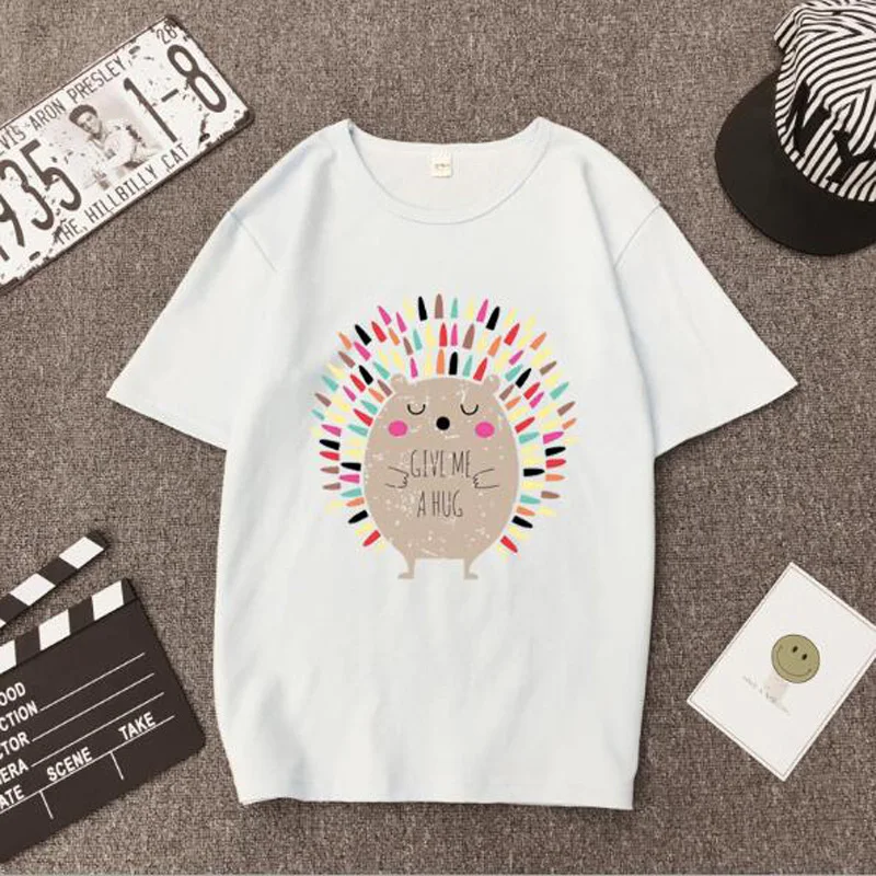 

Spring Summer New Style Women Tshirt Hedgehog Print Give Me A Hug Letter unisex Kroean Top Slim Fit Women Vintage Camiseta Mujer