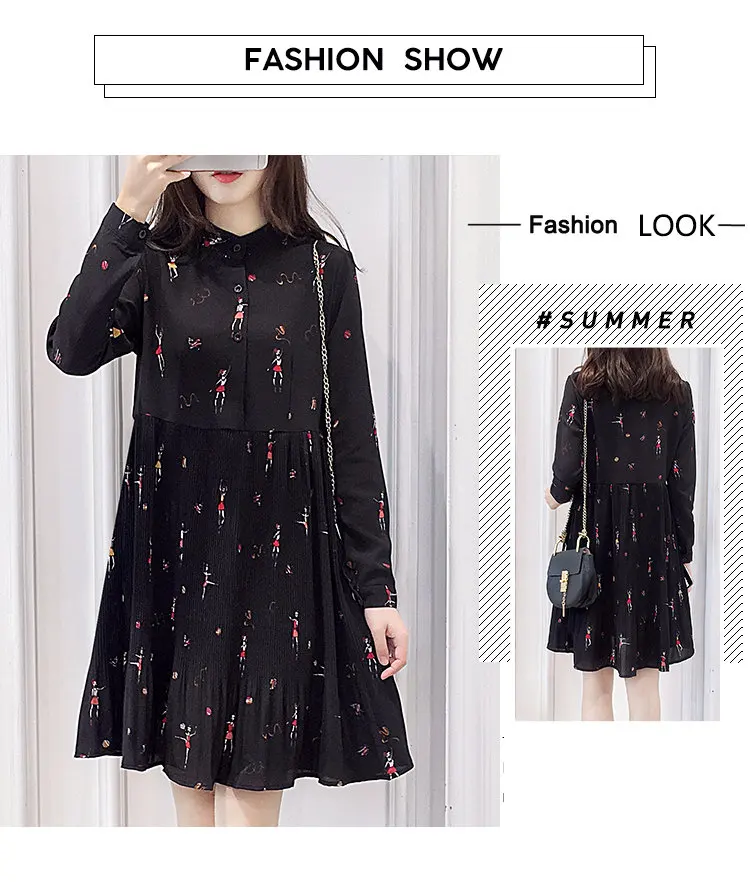 Newest Retro Shirt Dress Women 2019 Autumn Long Sleeve Women Dresses Casual Funny Print Dress Fashion O-Neck Pleated Vestidos Mujer  (2)
