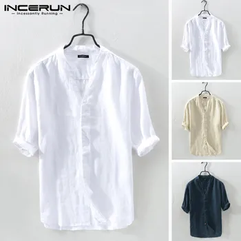 

INCERUN Summer Men Brand Shirts Cotton Half Sleeve V Neck Solid Vintage Streetwear Shirts Men Camisa Masculina Harajuku 2020 5XL