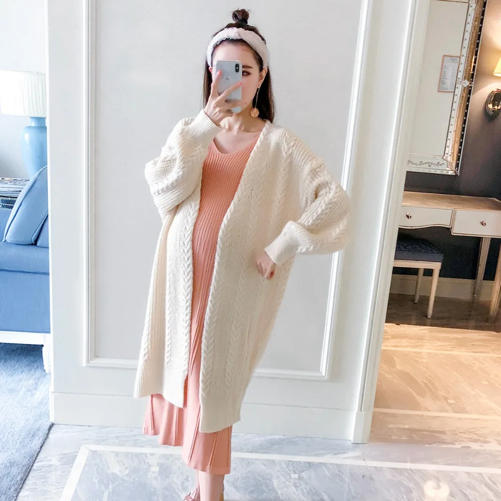 

Pregnant women sweater long section 2018 autumn and winter new fashion long-sleeved loose knit cardigan pregnancy twist coat