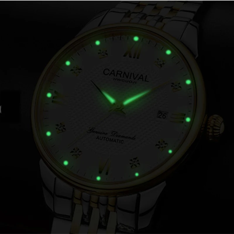 Carnival Watch men Automatic Mechanical Luminous Gold Stainless Steel Waterproof date White Dial Watches Carnival Watch men Automatic Mechanical Luminous Gold Stainless Steel Waterproof date White Dial Watches