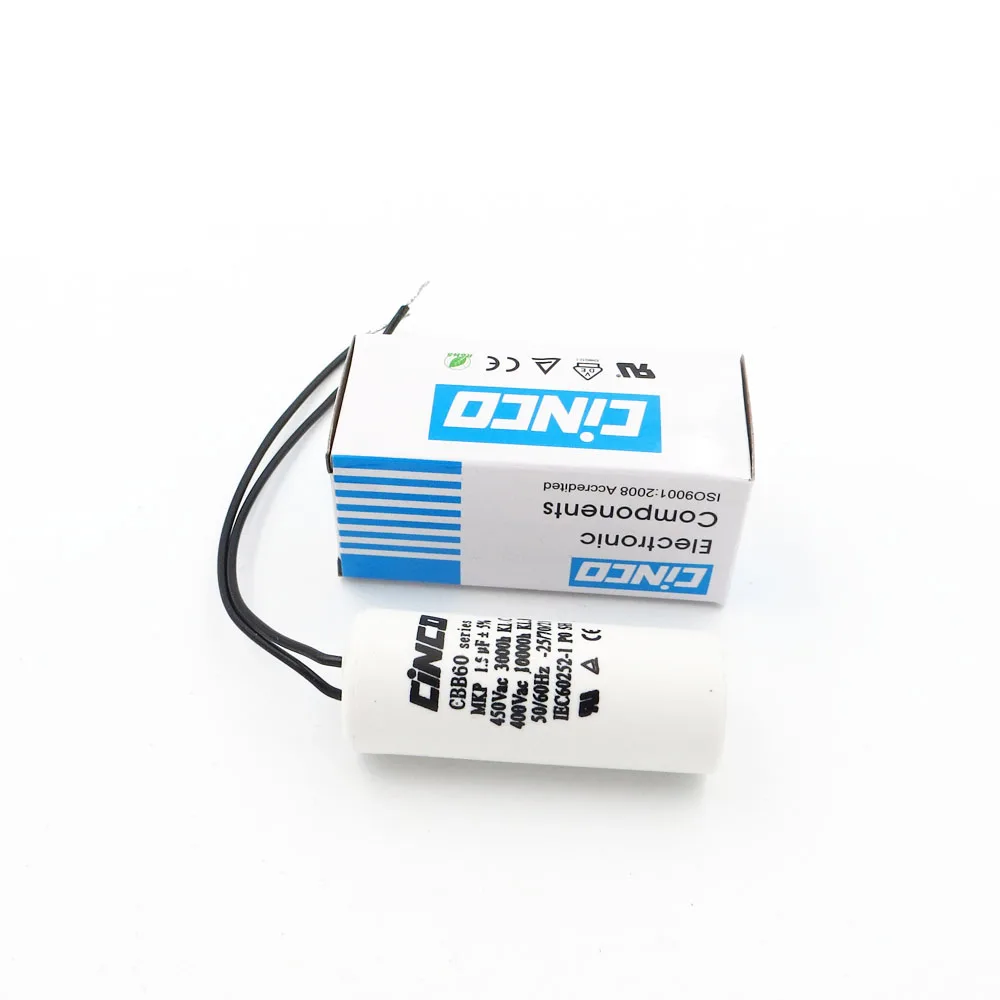 

CBB60 Motor Run Capacitor wire 1.5UF 400V 450V SH DB Polypropylene Film Ac 450VAC Water Pump electrical engine 1.5mfd 1.5mf