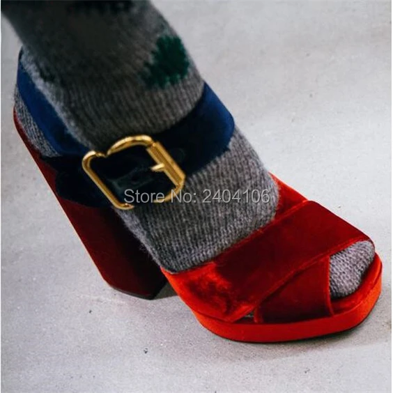 Shooegle/брендовая пикантная обувь для подиума разноцветные бархатные туфли-лодочки с открытым носком на очень высоком каблуке женские босоножки на платформе с ремешком и пряжкой