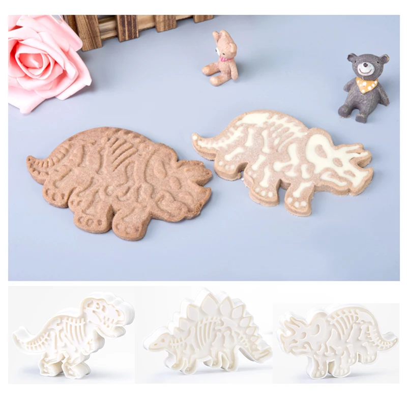 

3PCS Dinosaur Cookies Cutter Mold 3D Dinosaur Biscuit Embossing Mould Sugarcraft Dessert Baking Silicone Mold Cake Decor Tool