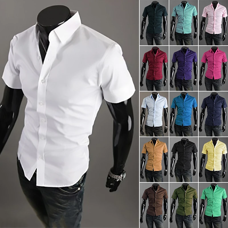 2015 Mens Slim Fit Shirt Unique neckline stylish Dress Short Sleeve Shirts Mens Dress Shirts