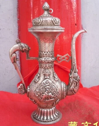 

shitou 001172 12 " tall Tibetan Buddhist bronze silver dragon flower elephant statue teapot discount 30% (C0324)