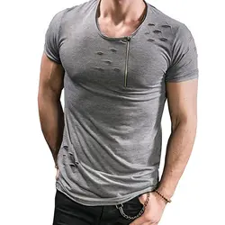 Весна рваные мужские футболки молния o-образным вырезом черные с коротким рукавом дышащие футболки для мужчин 2019 повседневные летние