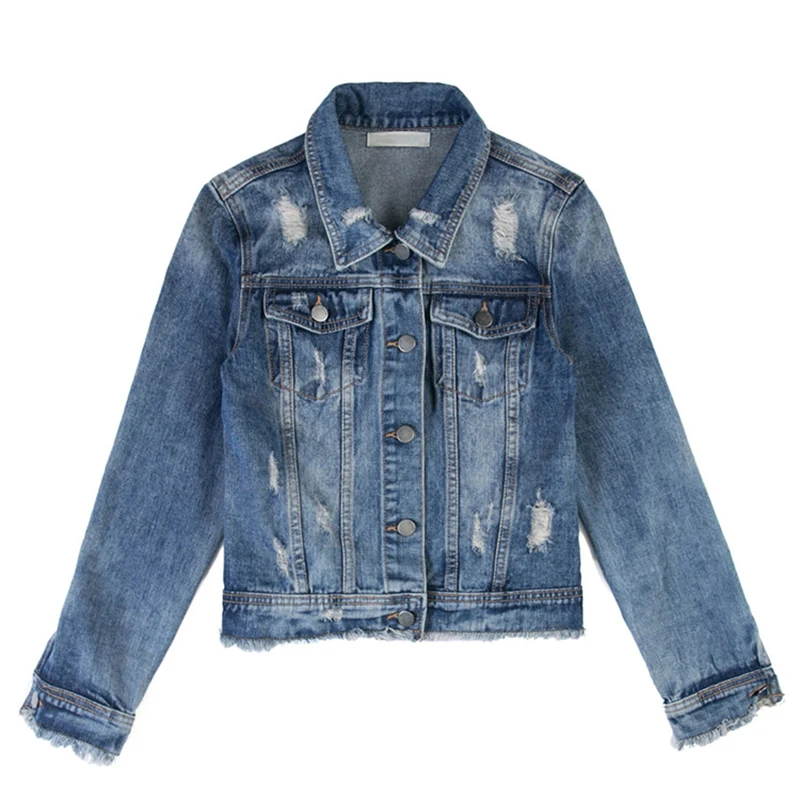 Femme Vestes Vers Trou Vintage Femmes Bas Manteau Outwear Denim Bleu Jeans Tournent À Déchiré Le Mode C1542 Manches Base De Lâche Veste Longues EAqUOxfq