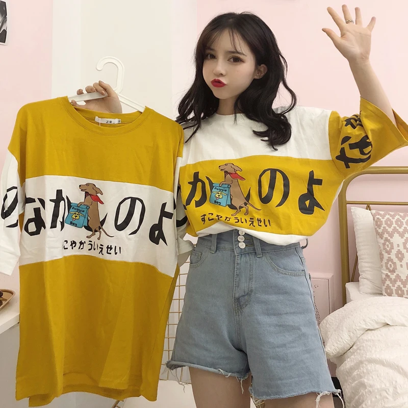 Ulzzang, летние милые японские топы с рисунками из мультфильмов, новинка, Harajuku, женская, три четверти, Корея, большой размер, свободная, повседневная, забавная, хлопковая футболка