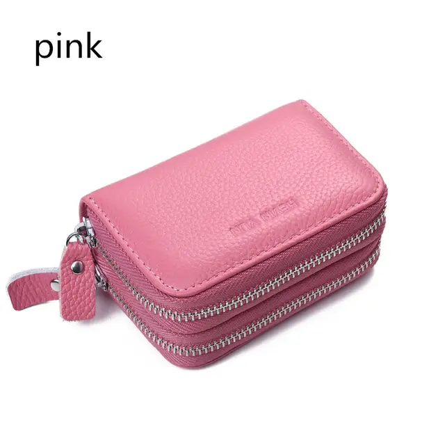 Fashion Women Card Holder Double Zipper Genuine Leather Wallet Credit Cards Case Bag pink