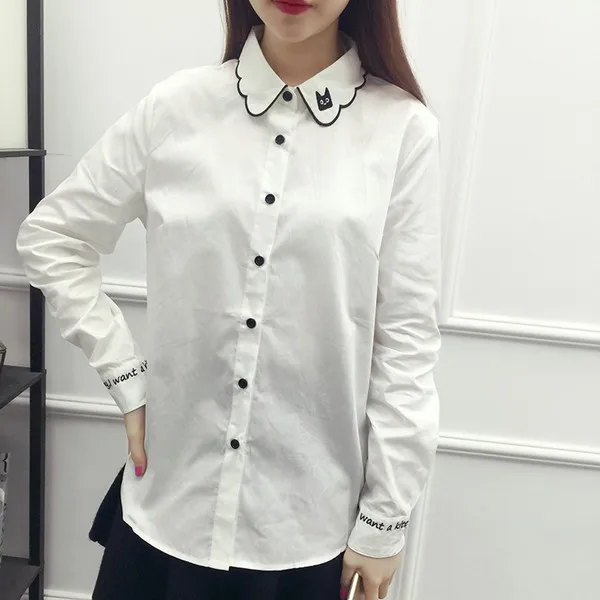 Осенние кавайные топы с вышивкой блуза с принтом кошки белая рубашка преппи корейские женские блузки новые женские рубашки Новое поступление T78859A - Цвет: White