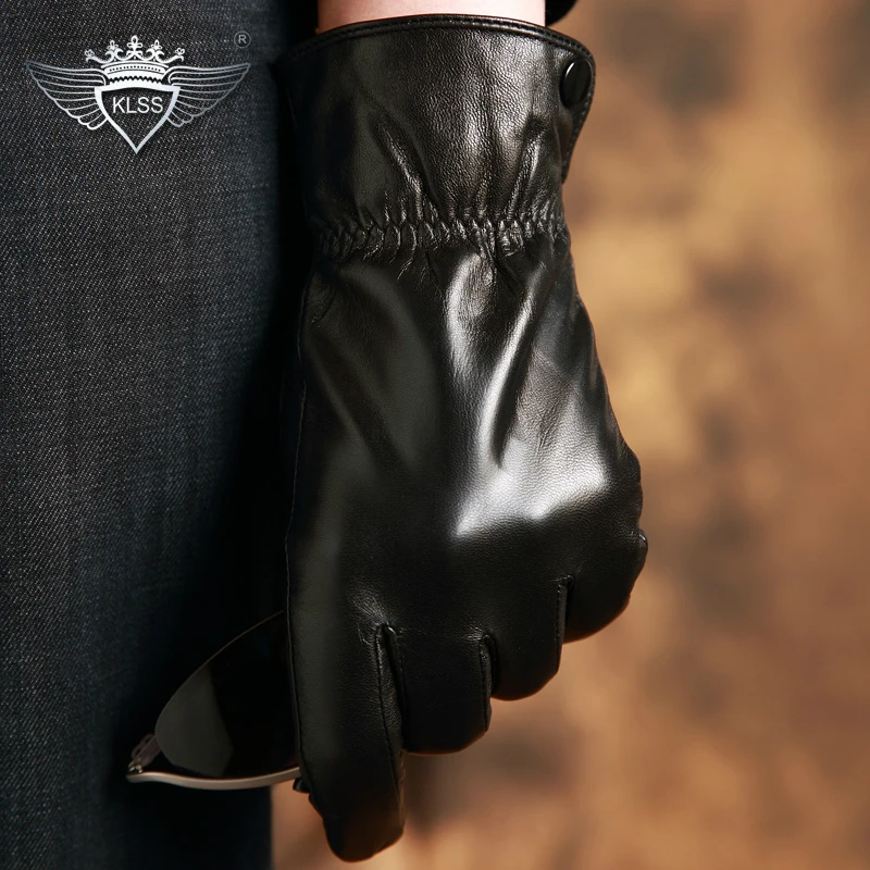 KLSS Брендовые мужские перчатки из натуральной кожи, высокое качество, перчатки из козьей кожи, зимние теплые бархатные черные перчатки из овчины для вождения 05