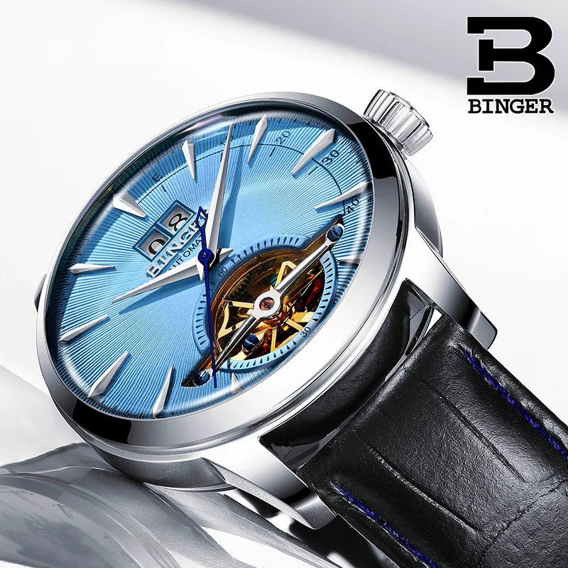 Высококачественные часы Relogio Masculino Бингер автоматические часы для мужчин механический скелет повседневные кожаные часы синий