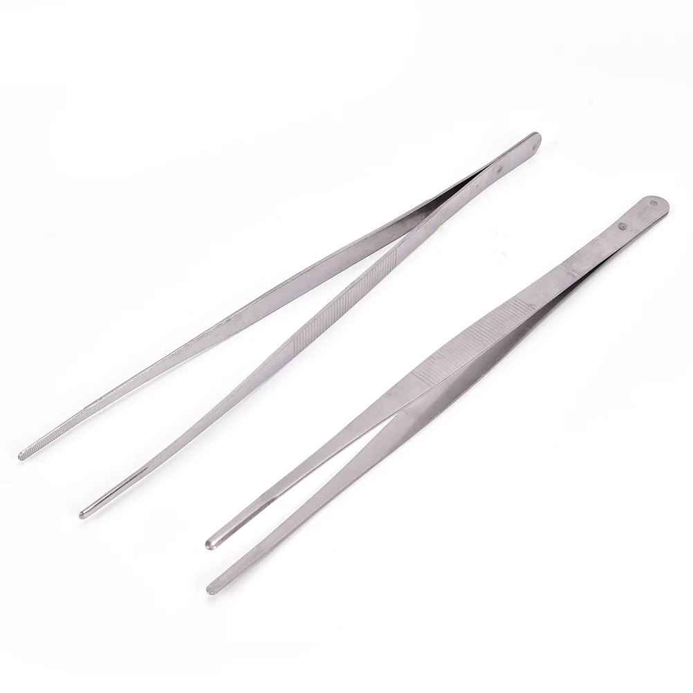 

12'' 30cm Silver Stainless Steel Long Food Tongs Straight Tweezers Kitchen Tool BBQ tool
