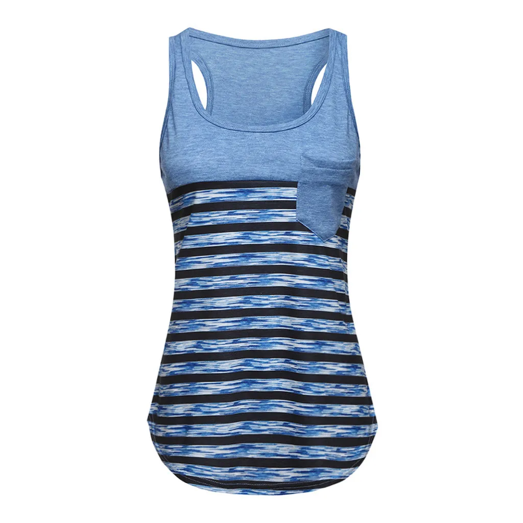 

Summer Fitness Tank Top Women Sleeveless Round Neck Loose Striped Shirt Ladies Vest Singlets Slim T-shirts Woman Pocket Vest Top
