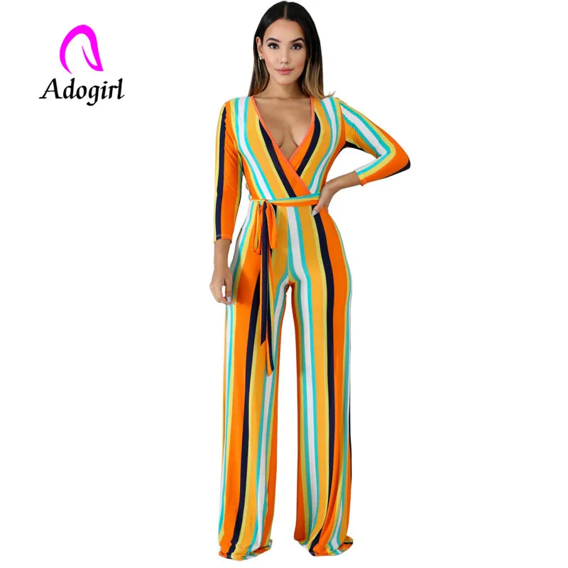 

Adogirl deep v neck stripe jumpsuits waist sashes full pants one piece sets casual wide straight suits ribbing outfits