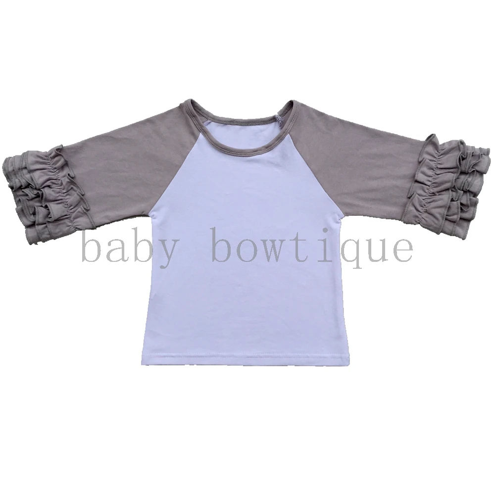 Дизайн, школьные футболки с рукавами реглан и оборками для маленьких девочек, 3/4, двухцветные однотонные хлопковые футболки, одежда