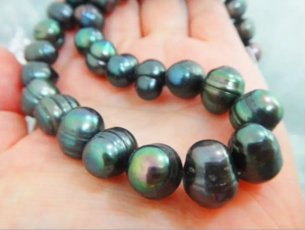 

Genuine natural 18" 10-12mm black tahitian pearl necklace 925silver yellow gold clasp