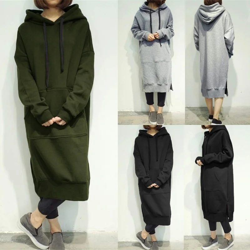  Women's Casual Loose Long Hoodies Autumn Solid Color Sweatshirt Hooded Sweatshirt Dress