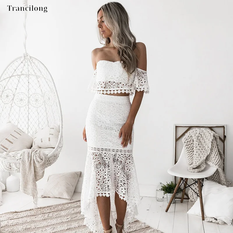 

Trancilong Sexy Off-the-shoulder Lace Crop Top And Skirt Set Elegant Woman Cutout White Holiday Two Piece Fishtail Dress