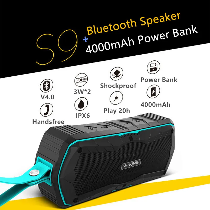 W-king S9 Bluetooth динамик открытый IP65 Водонепроницаемый громкий динамик s Mini BT4.0 беспроводной стерео сабвуфер с 4000 мАч power Bank