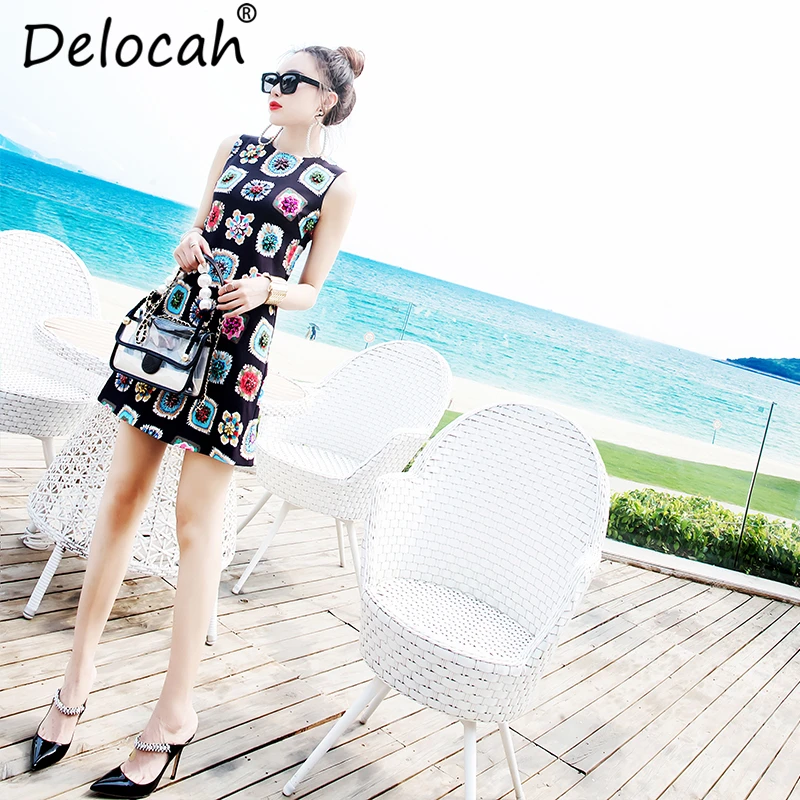Delocah Women Summer Dress Runway Fashion Designer Sleeveless Gorgeous Beading Floral Print Elegant Casual Loose Short Dresses