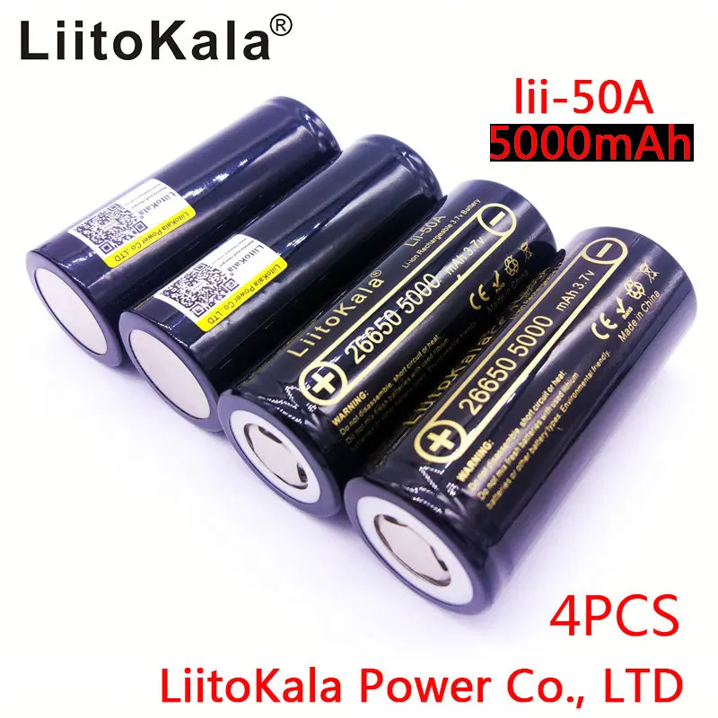 

Liitokala lii-50A 100% original 3.7V 5000mAh 26650 INR26650 20A rechargeable lithium battery Flashlight / microphone battery 4PS