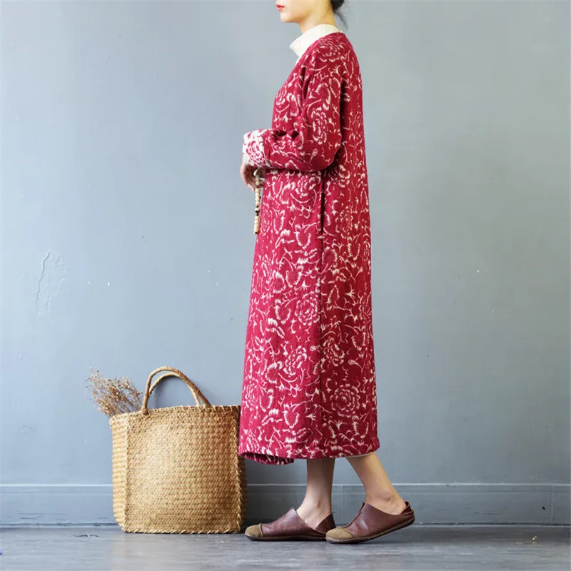 SCUWLINEN женские осенние зимние куртки винтажные свободные с v-образным вырезом регулируемая талия жаккардовые льняные шерстяные длинное пальто кардиган S468