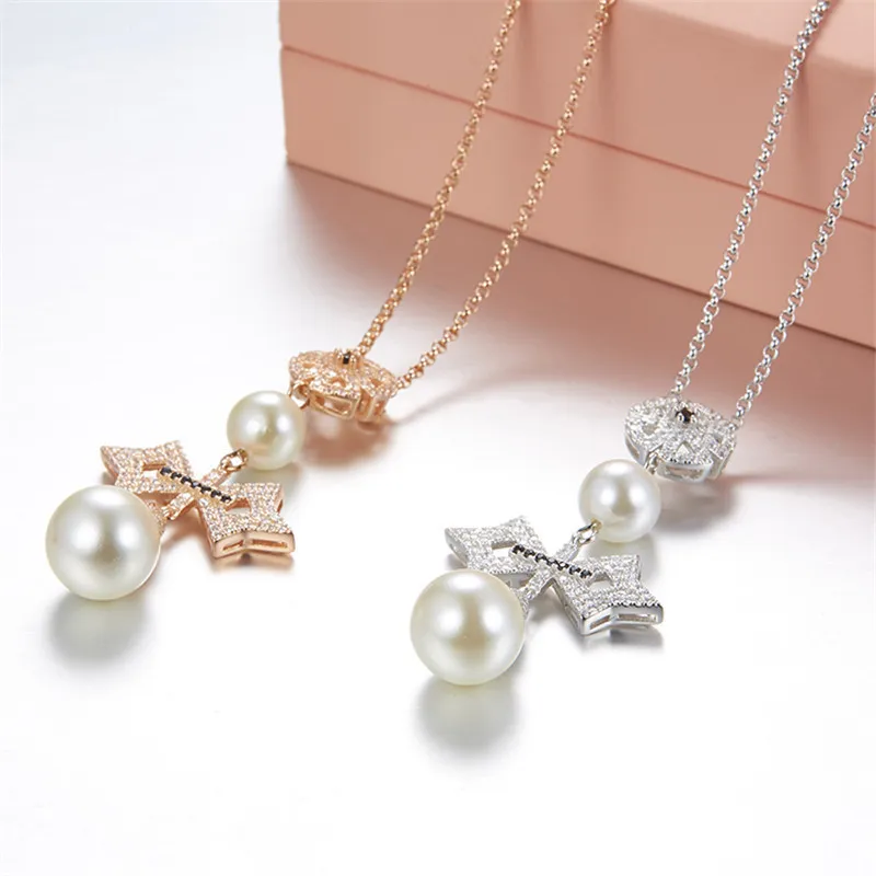 

S925 Sterling Silver Inlay Zircon Pearl Bow Pendant Necklace Fashion Suitable Fits Monaco Jewelry with Female Gifts