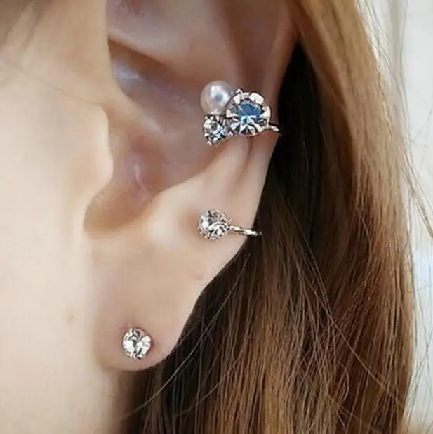 

New Fashion Shining Crystal Twist Geometrical distortion shape imitation pearls Ear clip wild earrings single side ear clip
