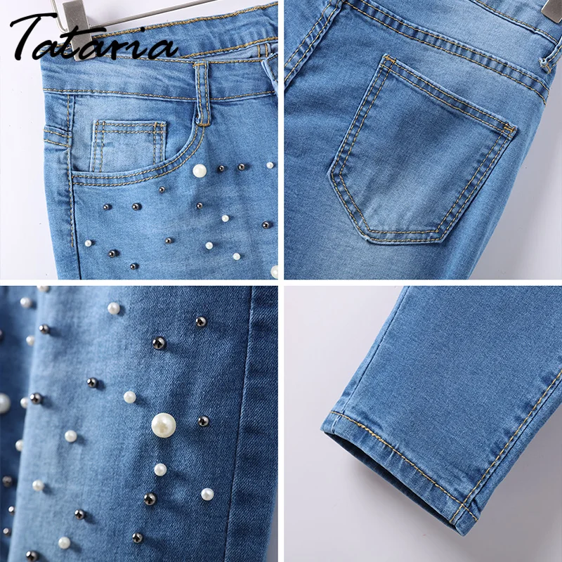 Denim Women Skinny Jeans With Pearls Pants Slim Femme Beading Pearl Jeans Woman 2018 With beads Mid Waist Pencil Jean For Women