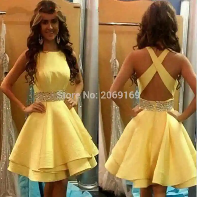 New-Yellow-2017-Short-Cocktail-Homecoming-Dresses-Beaded-Belt-A-line-Prom-Gown-Satin-Open-Back