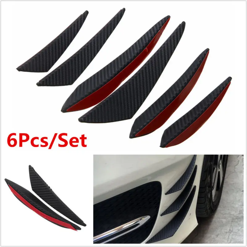 

6pcs Carbon Fiber Look Universal Black Front Bumper Lip Splitter Fin Air K-nife Auto Body Side Wing Spoiler For Carfront Bumper