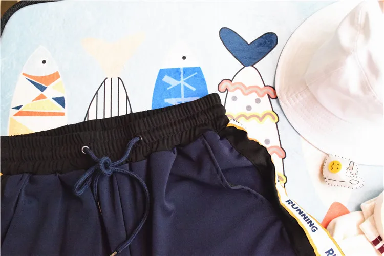 Лето 2018 г. для женщин модные повседневные Шорты Элегантный дизайн эластичный пояс синий печатных ленты сбоку вышивка
