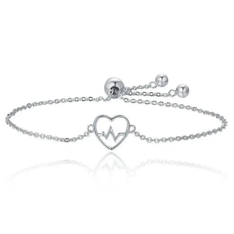 

925 Sterling Silver ECG of Love Heart Adjustable Bracelet for Women