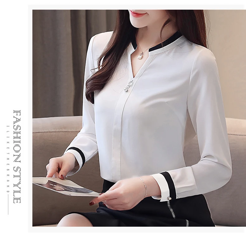 Blusas mujer de moda, Женские топы и блузки, рубашки, шифоновая блузка с бисером, однотонные белые рубашки с v-образным вырезом, женские топы, 2412 50